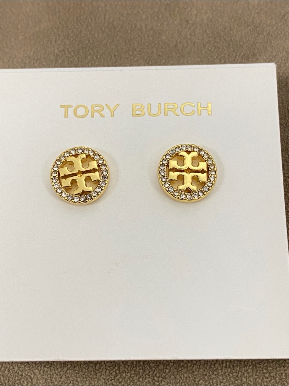 Tory Burch Gold Logo Crystal-Edged Round Stud Earrings